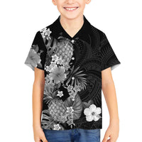 Hawaii Pineapple Tropical Family Matching Off Shoulder Maxi Dress and Hawaiian Shirt Neutral Hibiscus Plumeria LT01 Son's Shirt Black - Polynesian Pride