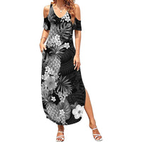 Hawaii Pineapple Tropical Family Matching Summer Maxi Dress and Hawaiian Shirt Neutral Hibiscus Plumeria LT01 Mom's Dress Black - Polynesian Pride
