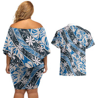 Ninamu Tahiti Tiare Monstera Couples Matching Off Shoulder Short Dress and Hawaiian Shirt Polynesian Pattern Curve Style - Polynesian Pride