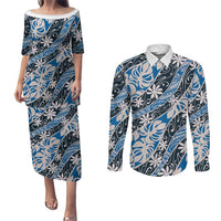 Ninamu Tahiti Tiare Monstera Couples Matching Puletasi and Long Sleeve Button Shirt Polynesian Pattern Curve Style - Polynesian Pride