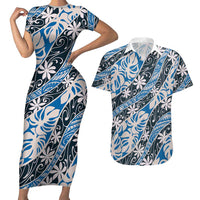 Ninamu Tahiti Tiare Monstera Couples Matching Short Sleeve Bodycon Dress and Hawaiian Shirt Polynesian Pattern Curve Style - Polynesian Pride