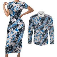 Ninamu Tahiti Tiare Monstera Couples Matching Short Sleeve Bodycon Dress and Long Sleeve Button Shirt Polynesian Pattern Curve Style - Polynesian Pride