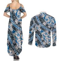 Ninamu Tahiti Tiare Monstera Couples Matching Summer Maxi Dress and Long Sleeve Button Shirt Polynesian Pattern Curve Style - Polynesian Pride