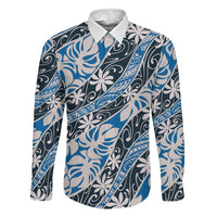 Ninamu Tahiti Tiare Monstera Family Matching Mermaid Dress and Hawaiian Shirt Polynesian Pattern Curve Style LT01 Dad's Shirt - Long Sleeve Blue - Polynesian Pride
