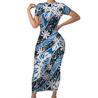 Ninamu Tahiti Tiare Monstera Family Matching Short Sleeve Bodycon Dress and Hawaiian Shirt Polynesian Pattern Curve Style LT01 Mom's Dress Blue - Polynesian Pride