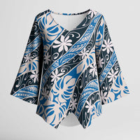 Ninamu Tahiti Tiare Monstera Kimono Sleeve Blouse Polynesian Pattern Curve Style LT01 Female Blue - Polynesian Pride