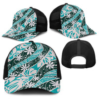 Cyan Tahiti Tiare Monstera Baseball Net Cap Polynesian Pattern Curve Style - Polynesian Pride