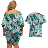 Cyan Tahiti Tiare Monstera Couples Matching Off Shoulder Short Dress and Hawaiian Shirt Polynesian Pattern Curve Style - Polynesian Pride