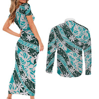 Cyan Tahiti Tiare Monstera Couples Matching Short Sleeve Bodycon Dress and Long Sleeve Button Shirt Polynesian Pattern Curve Style - Polynesian Pride