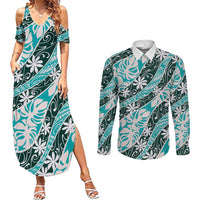 Cyan Tahiti Tiare Monstera Couples Matching Summer Maxi Dress and Long Sleeve Button Shirt Polynesian Pattern Curve Style - Polynesian Pride