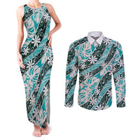 Cyan Tahiti Tiare Monstera Couples Matching Tank Maxi Dress and Long Sleeve Button Shirt Polynesian Pattern Curve Style LT01 Cyan - Polynesian Pride