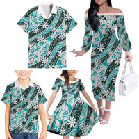 Cyan Tahiti Tiare Monstera Family Matching Off The Shoulder Long Sleeve Dress and Hawaiian Shirt Polynesian Pattern Curve Style LT01 - Polynesian Pride