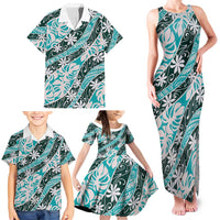 Cyan Tahiti Tiare Monstera Family Matching Tank Maxi Dress and Hawaiian Shirt Polynesian Pattern Curve Style LT01 - Polynesian Pride
