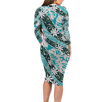 Cyan Tahiti Tiare Monstera Long Sleeve Bodycon Dress Polynesian Pattern Curve Style LT01 - Polynesian Pride