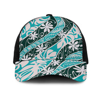 Cyan Tahiti Tiare Monstera Mesh Trucker Cap Polynesian Pattern Curve Style - Polynesian Pride