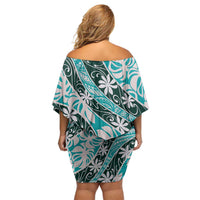 Cyan Tahiti Tiare Monstera Off Shoulder Short Dress Polynesian Pattern Curve Style LT01 - Polynesian Pride