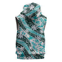 Cyan Tahiti Tiare Monstera Sleeveless Hoodie Polynesian Pattern Curve Style - Polynesian Pride