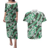 Matie Tahiti Tiare Monstera Couples Matching Puletasi and Hawaiian Shirt Polynesian Pattern Curve Style - Polynesian Pride