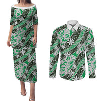 Matie Tahiti Tiare Monstera Couples Matching Puletasi and Long Sleeve Button Shirt Polynesian Pattern Curve Style - Polynesian Pride