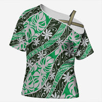 Matie Tahiti Tiare Monstera Cross Shoulder Shirt Polynesian Pattern Curve Style - Polynesian Pride