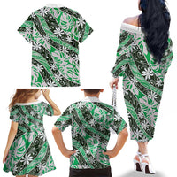 Matie Tahiti Tiare Monstera Family Matching Off The Shoulder Long Sleeve Dress and Hawaiian Shirt Polynesian Pattern Curve Style LT01 - Polynesian Pride