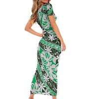 Matie Tahiti Tiare Monstera Short Sleeve Bodycon Dress Polynesian Pattern Curve Style - Polynesian Pride