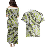 Olive Tahiti Tiare Monstera Couples Matching Puletasi and Hawaiian Shirt Polynesian Pattern Curve Style - Polynesian Pride