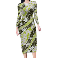 Olive Tahiti Tiare Monstera Family Matching Long Sleeve Bodycon Dress and Hawaiian Shirt Polynesian Pattern Curve Style LT01 Mom's Dress Olive - Polynesian Pride