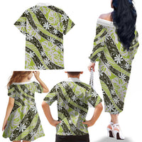 Olive Tahiti Tiare Monstera Family Matching Off The Shoulder Long Sleeve Dress and Hawaiian Shirt Polynesian Pattern Curve Style LT01 - Polynesian Pride
