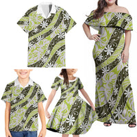 Olive Tahiti Tiare Monstera Family Matching Off Shoulder Maxi Dress and Hawaiian Shirt Polynesian Pattern Curve Style - Polynesian Pride