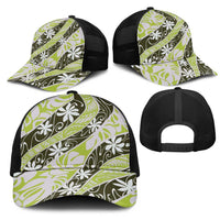Olive Tahiti Tiare Monstera Mesh Trucker Cap Polynesian Pattern Curve Style - Polynesian Pride