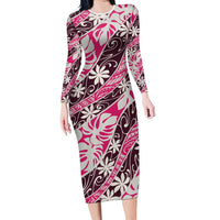 Tarona Tahiti Tiare Monstera Family Matching Long Sleeve Bodycon Dress and Hawaiian Shirt Polynesian Pattern Curve Style LT01 Mom's Dress Pink - Polynesian Pride