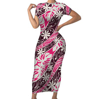 Tarona Tahiti Tiare Monstera Short Sleeve Bodycon Dress Polynesian Pattern Curve Style - Polynesian Pride