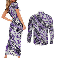 Vareau Tahiti Tiare Monstera Couples Matching Short Sleeve Bodycon Dress and Long Sleeve Button Shirt Polynesian Pattern Curve Style - Polynesian Pride