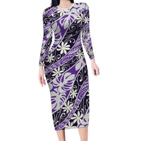 Vareau Tahiti Tiare Monstera Family Matching Long Sleeve Bodycon Dress and Hawaiian Shirt Polynesian Pattern Curve Style LT01 Mom's Dress Purple - Polynesian Pride
