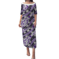 Vareau Tahiti Tiare Monstera Family Matching Puletasi and Hawaiian Shirt Polynesian Pattern Curve Style LT01 Mom's Dress Purple - Polynesian Pride