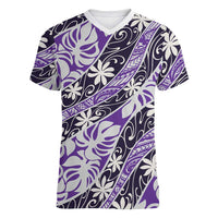 Vareau Tahiti Tiare Monstera Women V-Neck T-Shirt Polynesian Pattern Curve Style - Polynesian Pride