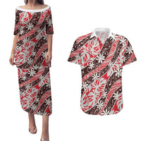 Uteute Tahiti Tiare Monstera Couples Matching Puletasi and Hawaiian Shirt Polynesian Pattern Curve Style - Polynesian Pride