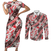 Uteute Tahiti Tiare Monstera Couples Matching Short Sleeve Bodycon Dress and Long Sleeve Button Shirt Polynesian Pattern Curve Style - Polynesian Pride