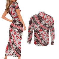 Uteute Tahiti Tiare Monstera Couples Matching Short Sleeve Bodycon Dress and Long Sleeve Button Shirt Polynesian Pattern Curve Style - Polynesian Pride
