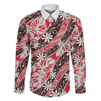Uteute Tahiti Tiare Monstera Family Matching Tank Maxi Dress and Hawaiian Shirt Polynesian Pattern Curve Style LT01 Dad's Shirt - Long Sleeve Red - Polynesian Pride