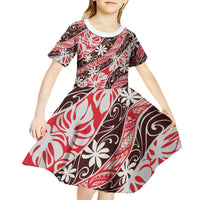 Uteute Tahiti Tiare Monstera Kid Short Sleeve Dress Polynesian Pattern Curve Style - Polynesian Pride
