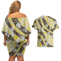 Rearea Tahiti Tiare Monstera Couples Matching Off Shoulder Short Dress and Hawaiian Shirt Polynesian Pattern Curve Style - Polynesian Pride