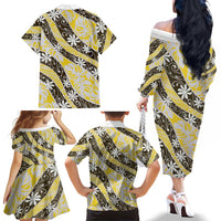 Rearea Tahiti Tiare Monstera Family Matching Off The Shoulder Long Sleeve Dress and Hawaiian Shirt Polynesian Pattern Curve Style LT01 - Polynesian Pride