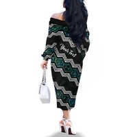 Personalised Taniko Aotearoa Mix Paua Shell Family Matching Off The Shoulder Long Sleeve Dress and Hawaiian Shirt Niho Taniwha Turquoise Glitter LT01 - Polynesian Pride