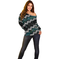 Personalised Taniko Aotearoa Mix Paua Shell Off Shoulder Sweater Niho Taniwha Turquoise Glitter