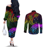Wellington Pride Couples Matching Off The Shoulder Long Sleeve Dress and Long Sleeve Button Shirt Aotearoa Tribal Rainbow Pattern LT01 - Polynesian Pride