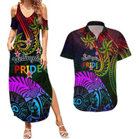 Wellington Pride Couples Matching Summer Maxi Dress and Hawaiian Shirt Aotearoa Tribal Rainbow Pattern LT01 Black - Polynesian Pride