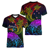 Wellington Pride Women V Neck T Shirt Aotearoa Tribal Rainbow Pattern LT01 - Polynesian Pride