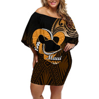 Personalised Hawaii Off Shoulder Short Dress Maui Be Strong Kakau Gold Version LT01 Women Gold - Polynesian Pride